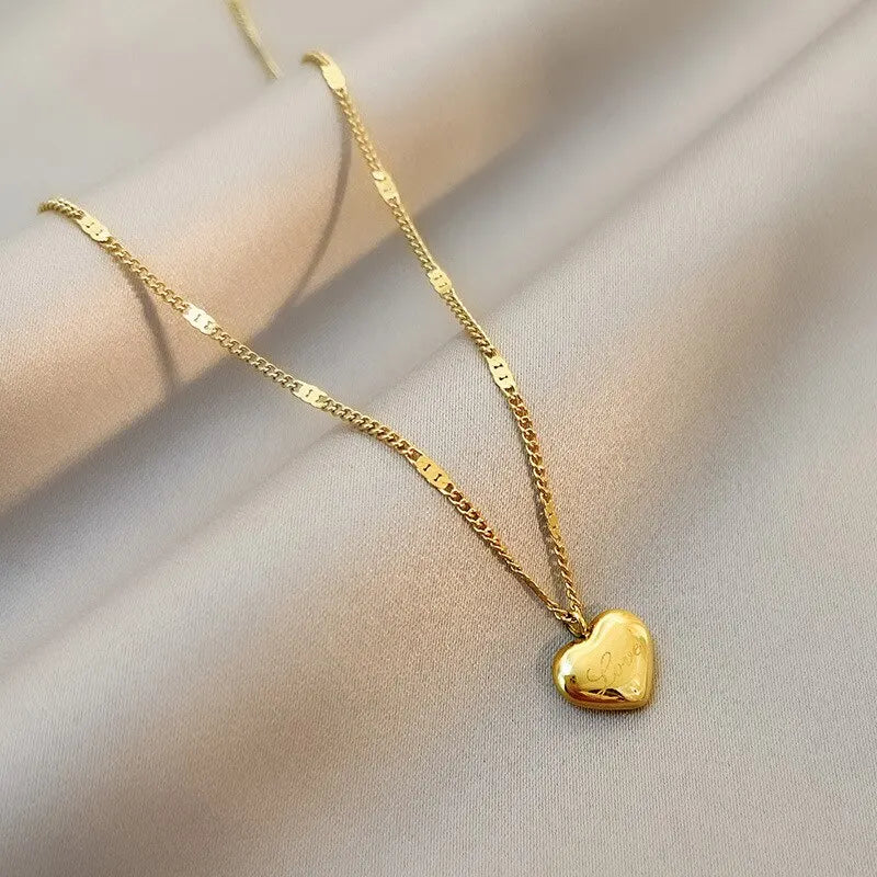 Gold-Color Engraved Love Heart Necklace